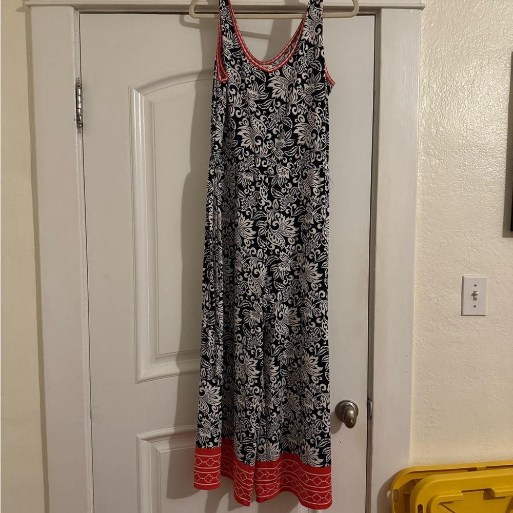 Max Studio Navy and White Patterned jumpsuit with Red Trim